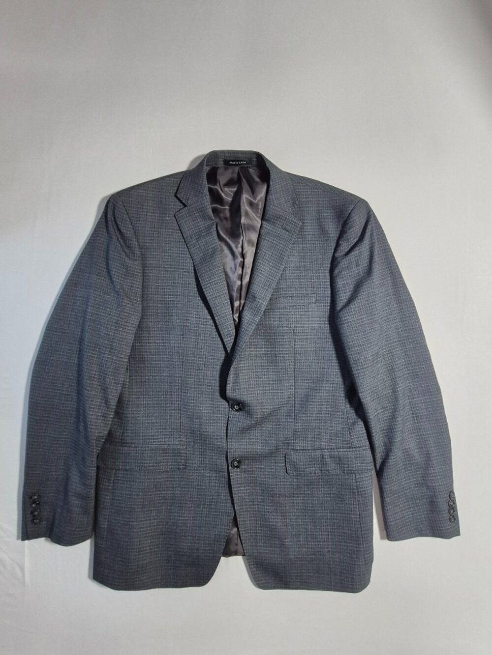 Calvin Klein Mens Grey Blue Plaid Blazer 100% Wool Natural Stretch Jacket SZ 44L